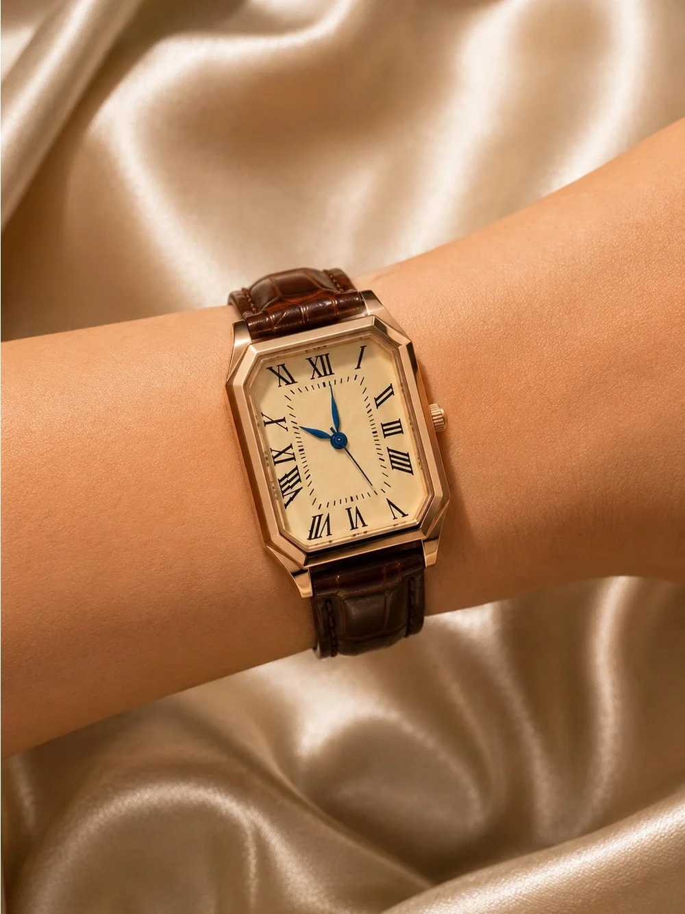 Women Classic Rectangular Gold-Tone Watch with Brown Leather Strap